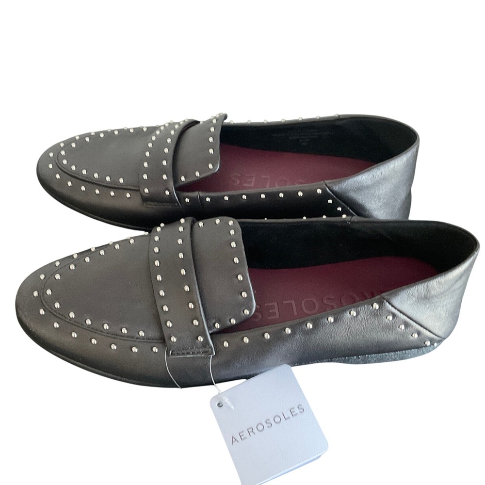 Aerosoles Beatrix Black Studded Leather Loafers Flats Slip On Women 8.5 M NEW